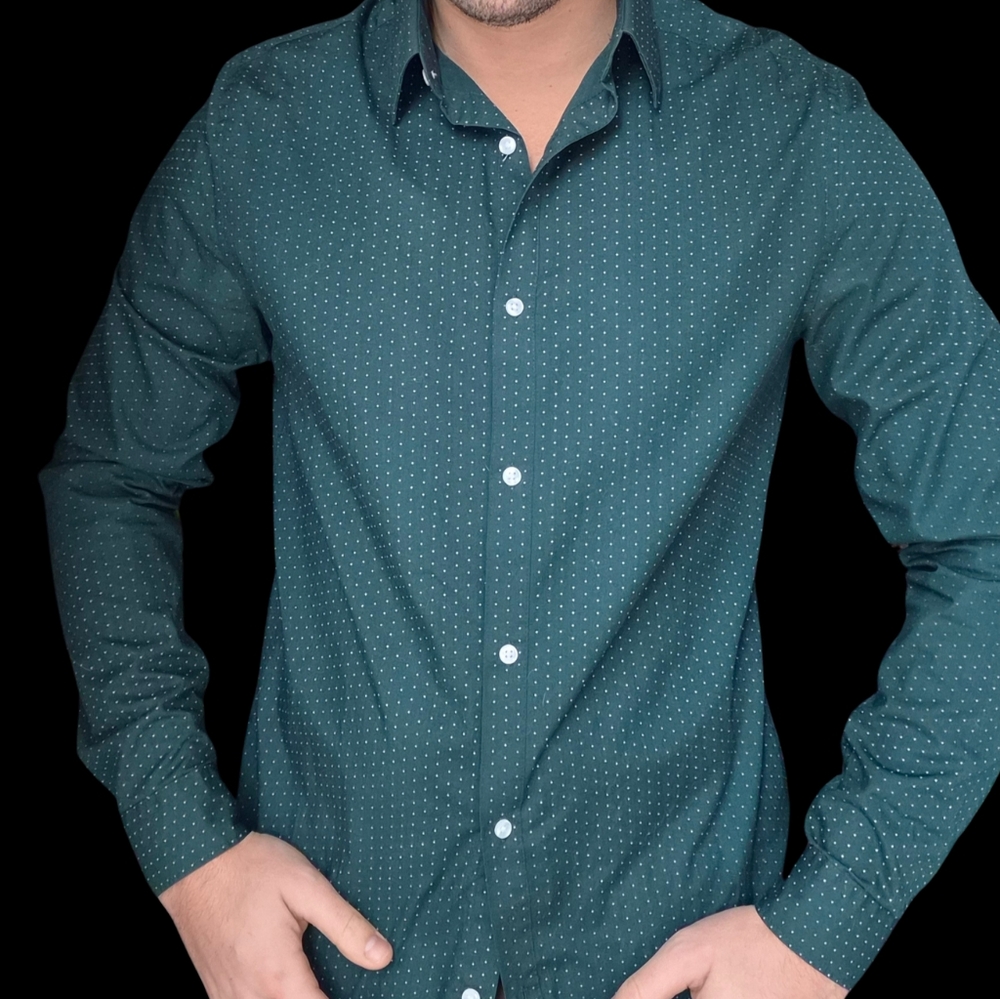 Men’s Green Micro Dot Button-Down Shirt – Long Sleeve – Size (add size) – Slim/F